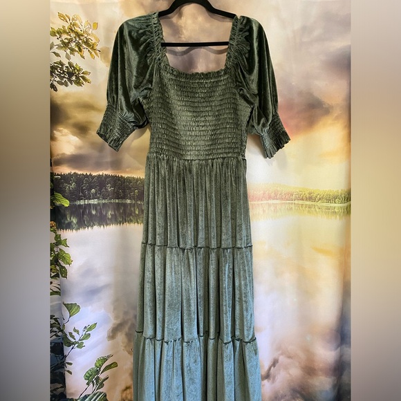 Green Velvet Smocked Dress - Picture 1 of 3